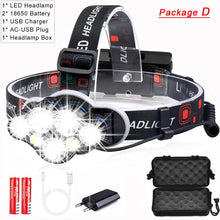 Load image into Gallery viewer, 40000LM Powerful USB Rechargeable Led 8 headlamp torch
